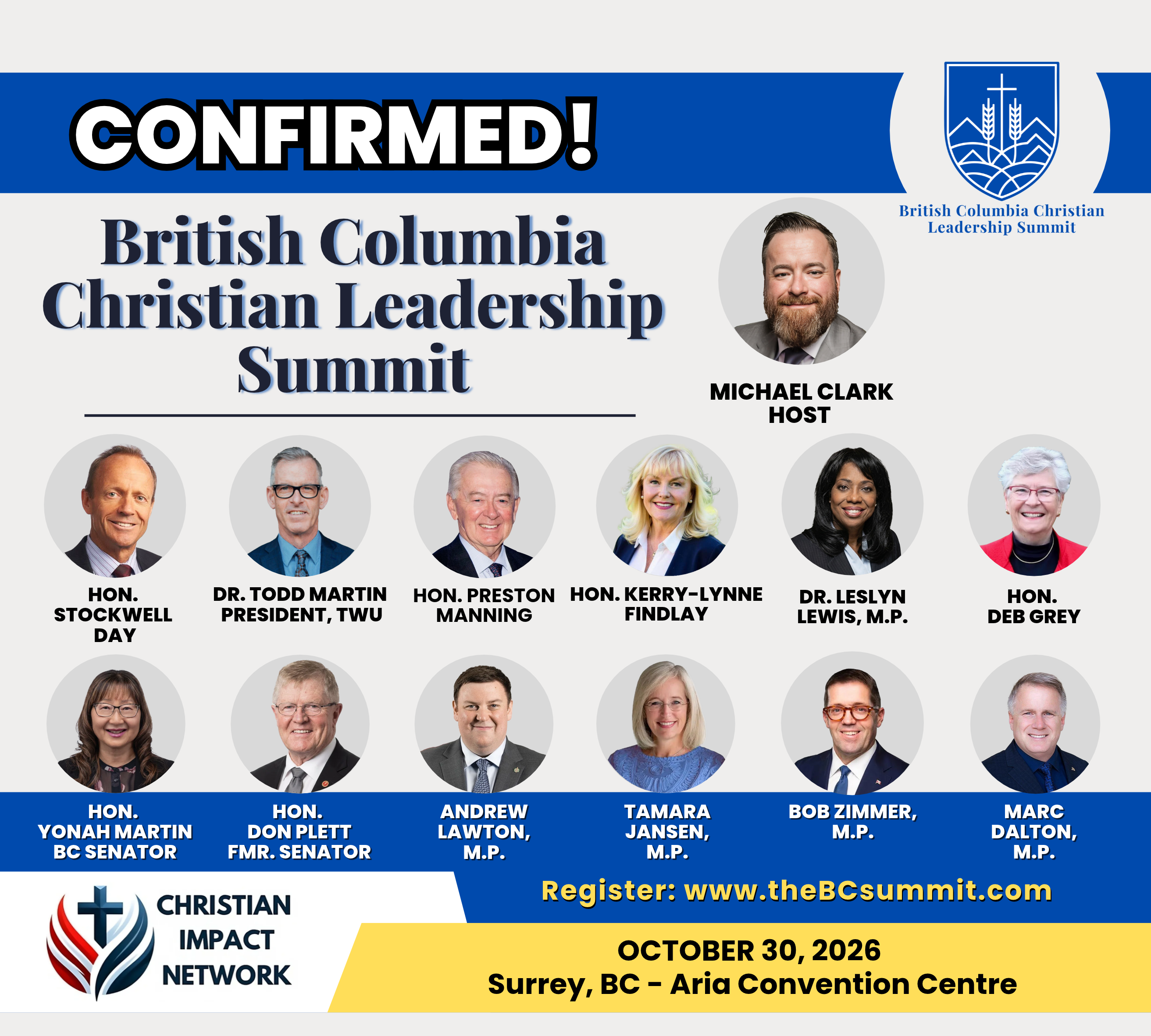 British Columbia Christian Leadership Summit — original event poster, postponed to early 2027
