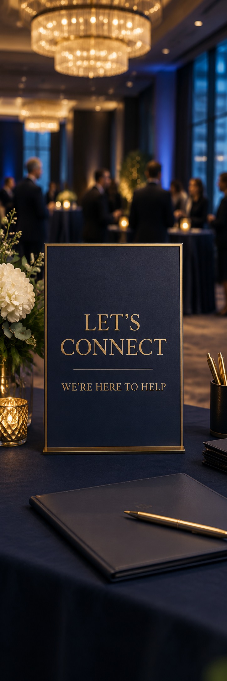 Summit welcome desk with a navy and gold Let's Connect sign