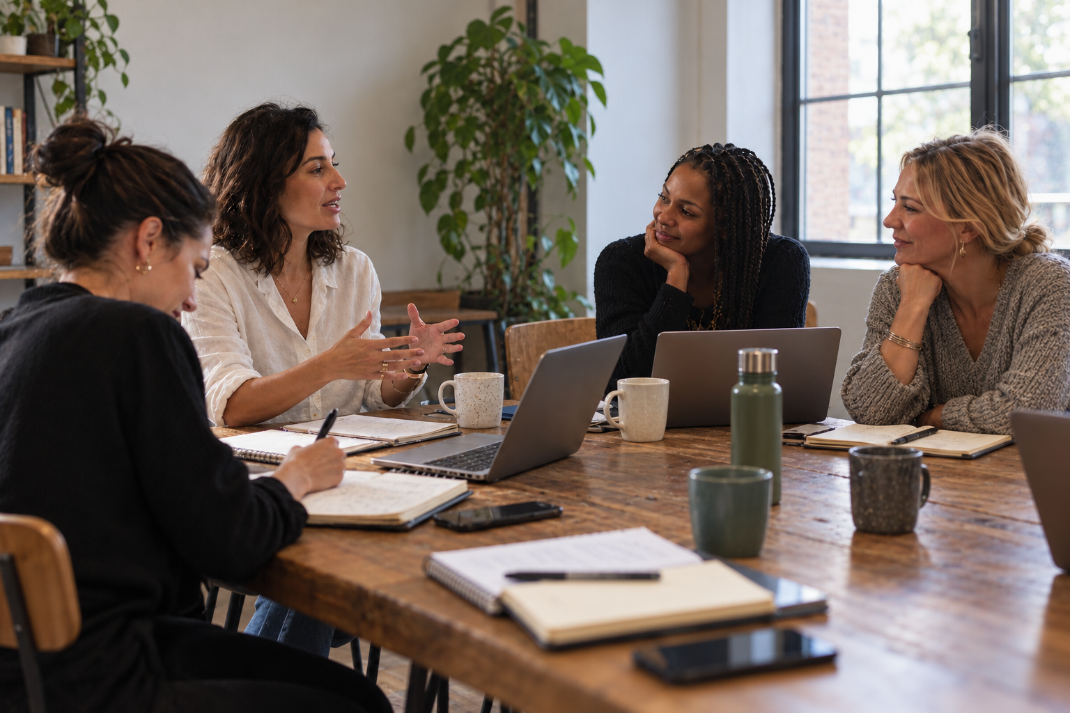 Illustrative scene of women talking through ideas around a table