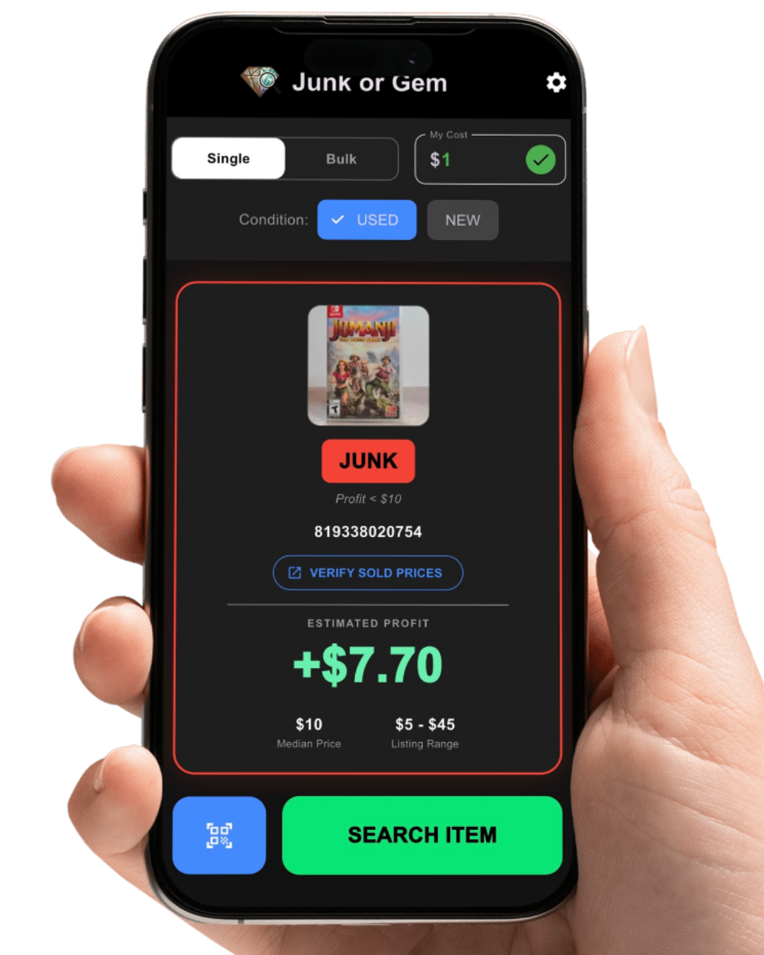 App showing a Junk verdict