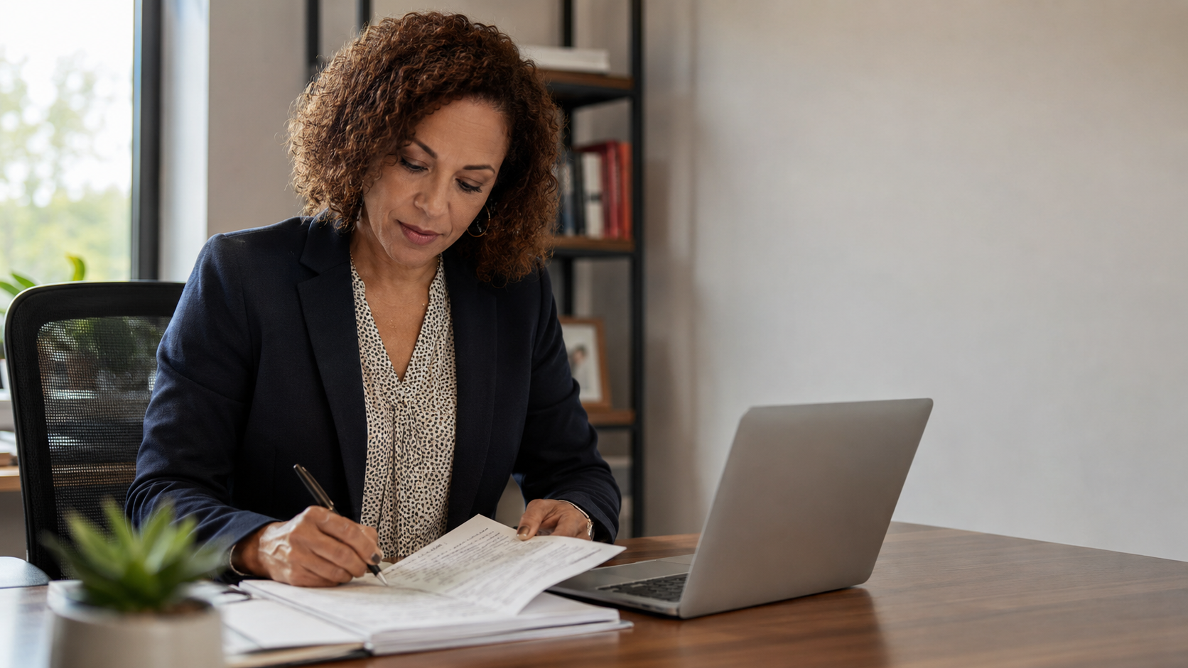 School administrator reviewing handwritten classroom observation notes at a desk beside an open laptop in a softly lit office. Natural daylight streams through a window, creating a warm, professional atmosphere. Shallow depth of field keeps the administrator’s hands and notes in focus while the background remains gently blurred, with clean negative space for text overlay. Documentary-style education leadership photography.