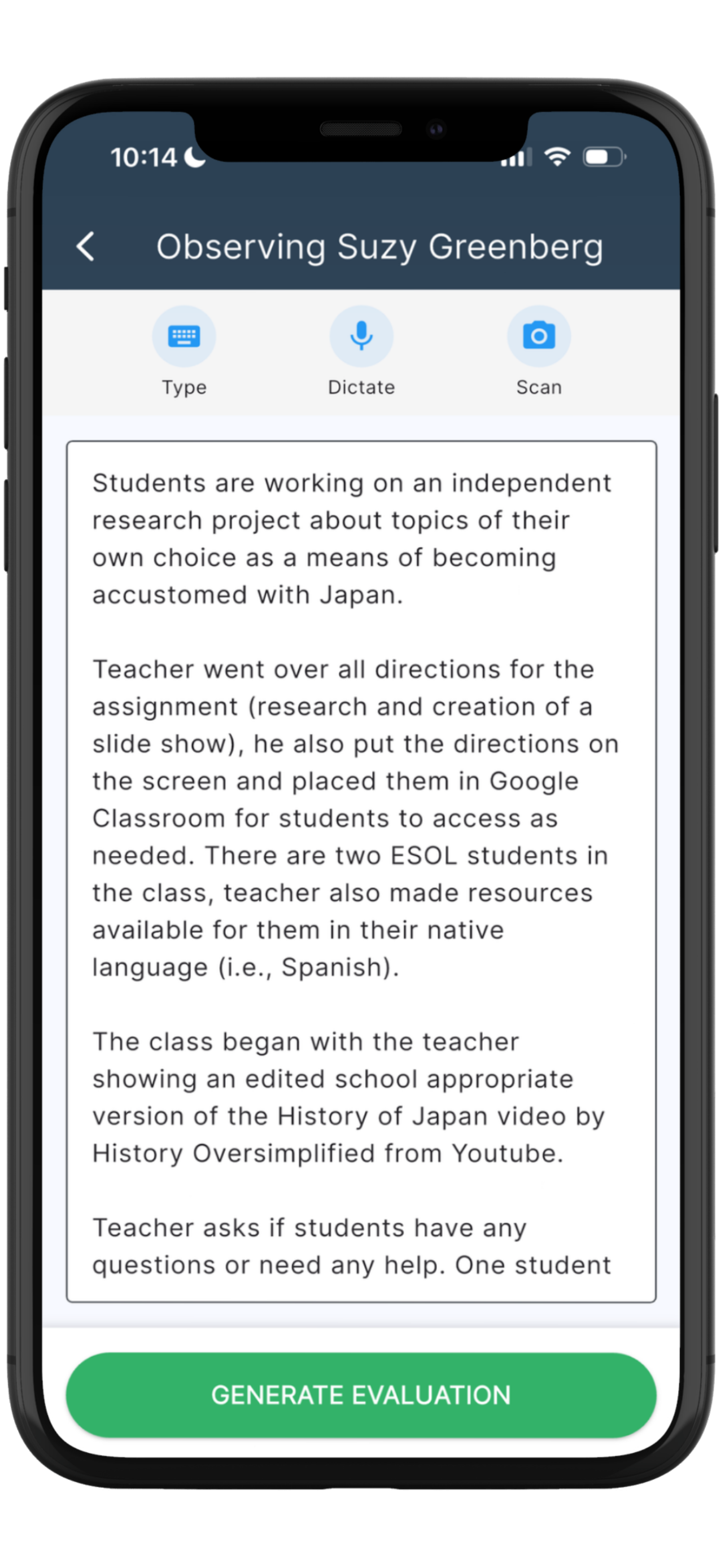 EvalScribe showing the type, dictate, and scan capture options