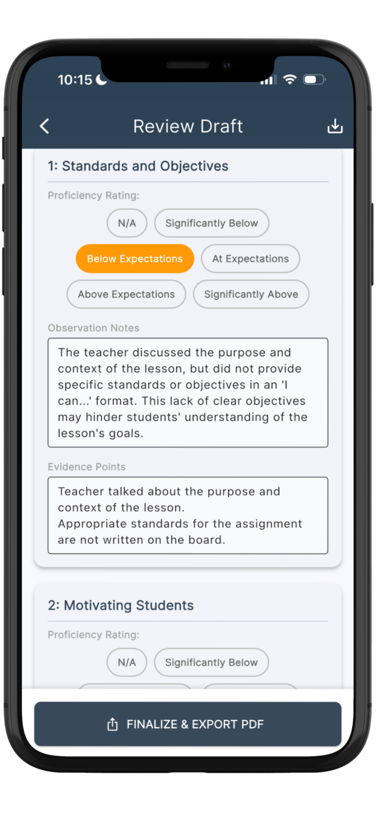EvalScribe showing a completed evaluation with mapped standards