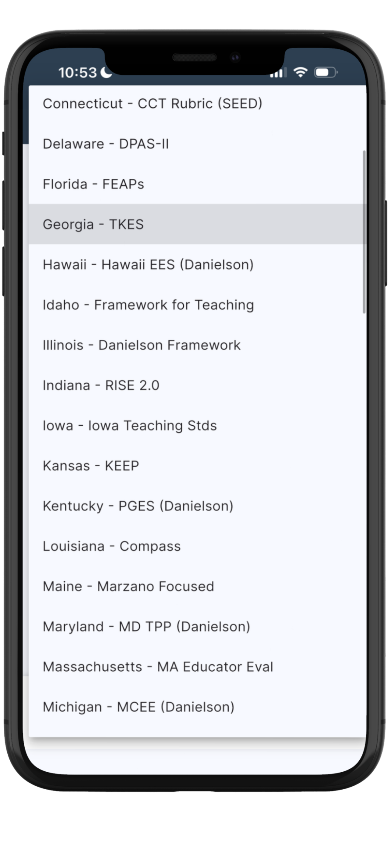 EvalScribe showing the list of supported state and national evaluation frameworks