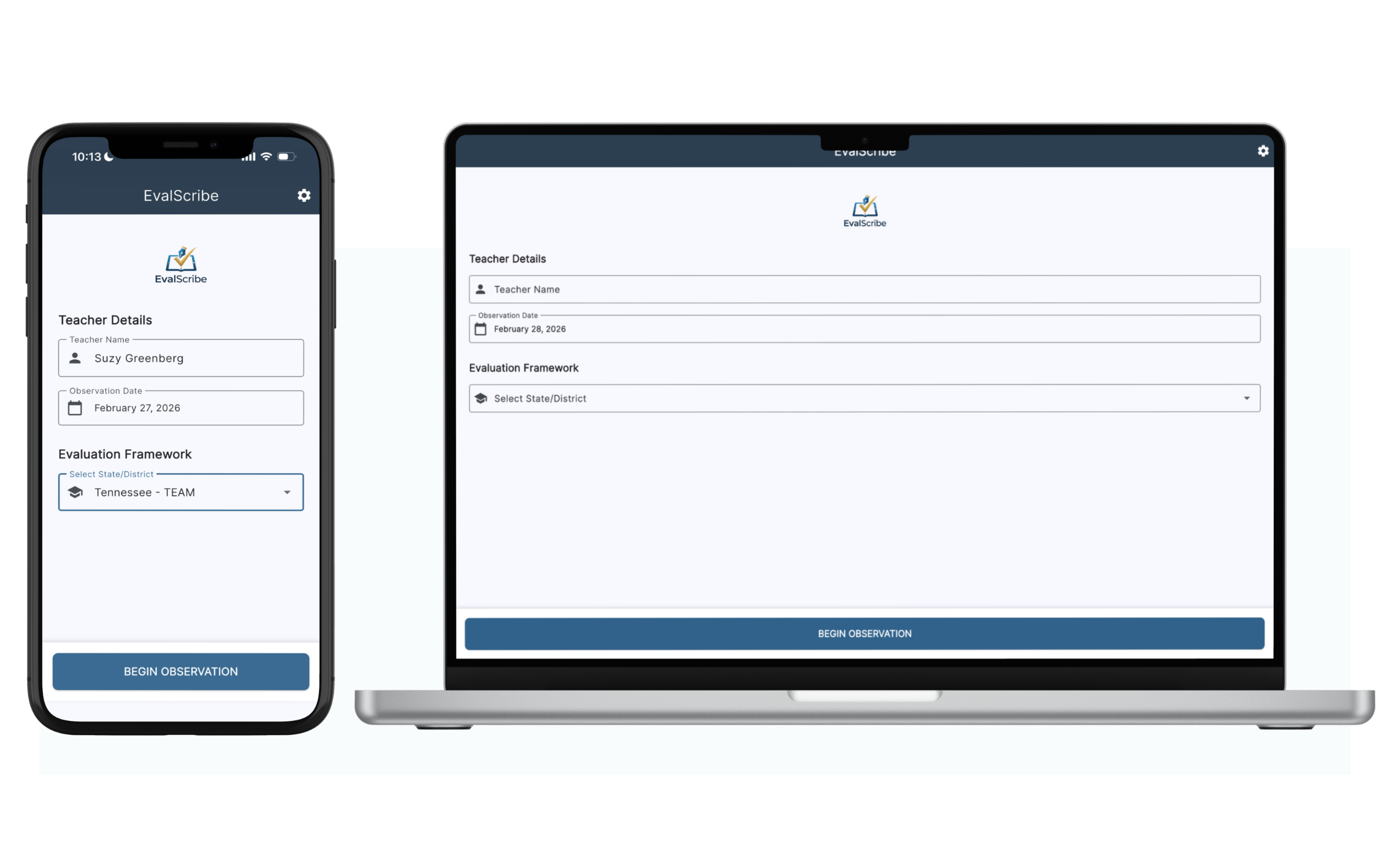 EvalScribe on iPhone and MacBook side by side