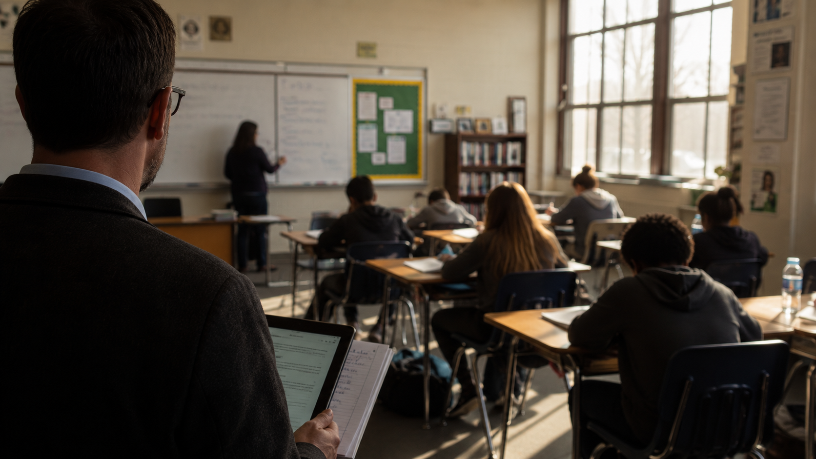 A 16:9 documentary editorial photograph. Over-the-shoulder perspective from behind a middle-school administrator standing quietly at the back of a classroom during a walkthrough observation. The administrator holds an iPad partially visible in the lower-left of the frame, with a few handwritten note pages tucked under the device. The classroom ahead is in soft natural focus — students at desks working independently, the teacher visible from the side or back near a whiteboard at the front. Late-morning sunlight streams through tall classroom windows on the right, casting warm directional light across the desks and floor. Muted naturalistic color palette: warm browns, soft creams, classroom blue-gray, the green of a bulletin board. National Geographic / The Atlantic / Education Week aesthetic. Shallow depth of field, rule-of-thirds composition, the administrator's shoulder and tablet in the lower-left third, classroom action receding into the middle distance. Mood is quiet, professional, observational — not staged. Avoid: stock-photo aesthetic, exaggerated smiles, fluorescent lighting, identifiable faces (keep all faces obscured by angle, soft focus, or framing), Tennessee state flags or heavy-handed locator imagery, text overlays, branded laptop/tablet logos, group huddles, high-fives, or any "celebratory" imagery. A 16:9 documentary editorial photograph. Over-the-shoulder perspective from behind a middle-school administrator standing quietly at the back of a classroom during a walkthrough observation. The administrator holds an iPad partially visible in the lower-left of the frame, with a few handwritten note pages tucked under the device. The classroom ahead is in soft natural focus — students at desks working independently, the teacher visible from the side or back near a whiteboard at the front. Late-morning sunlight streams through tall classroom windows on the right, casting warm directional light across the desks and floor. Muted naturalistic color palette: warm browns, soft creams, classroom blue-gray, the green of a bulletin board. National Geographic / The Atlantic / Education Week aesthetic. Shallow depth of field, rule-of-thirds composition, the administrator's shoulder and tablet in the lower-left third, classroom action receding into the middle distance. Mood is quiet, professional, observational — not staged. Avoid: stock-photo aesthetic, exaggerated smiles, fluorescent lighting, identifiable faces (keep all faces obscured by angle, soft focus, or framing), Tennessee state flags or heavy-handed locator imagery, text overlays, branded laptop/tablet logos, group huddles, high-fives, or any "celebratory" imagery.