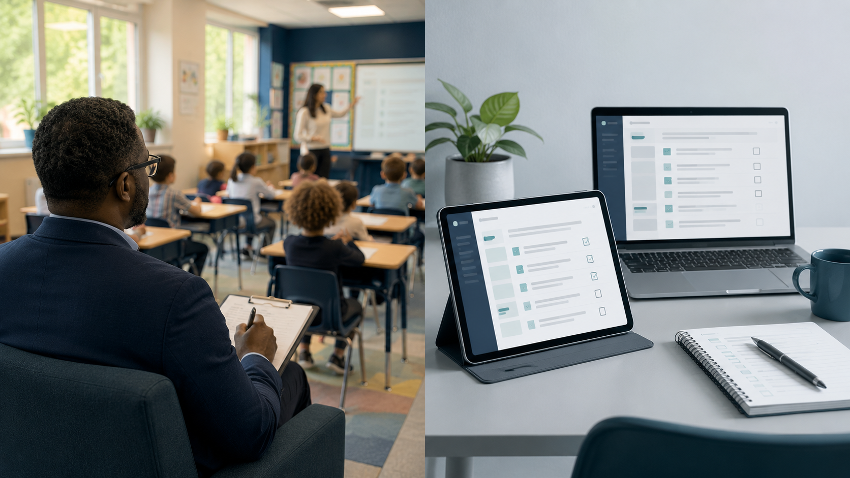 AI in teacher evaluations — the observation (watching a classroom) versus the write-up (a rubric-aligned evaluation drafted on a tablet).