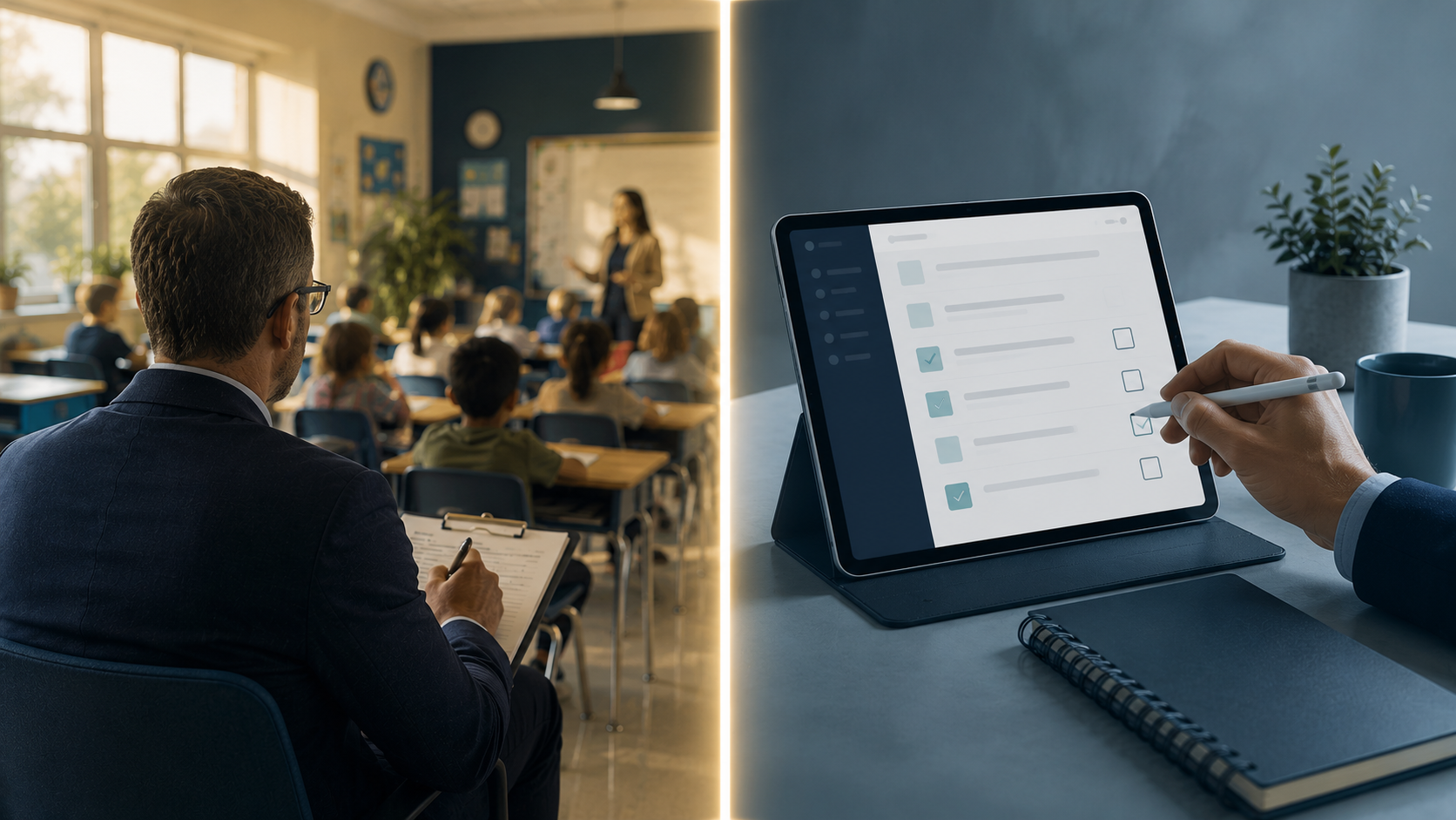 Illinois AI teacher-evaluation law: the human observation on one side, the AI-assisted administrative write-up on the other.