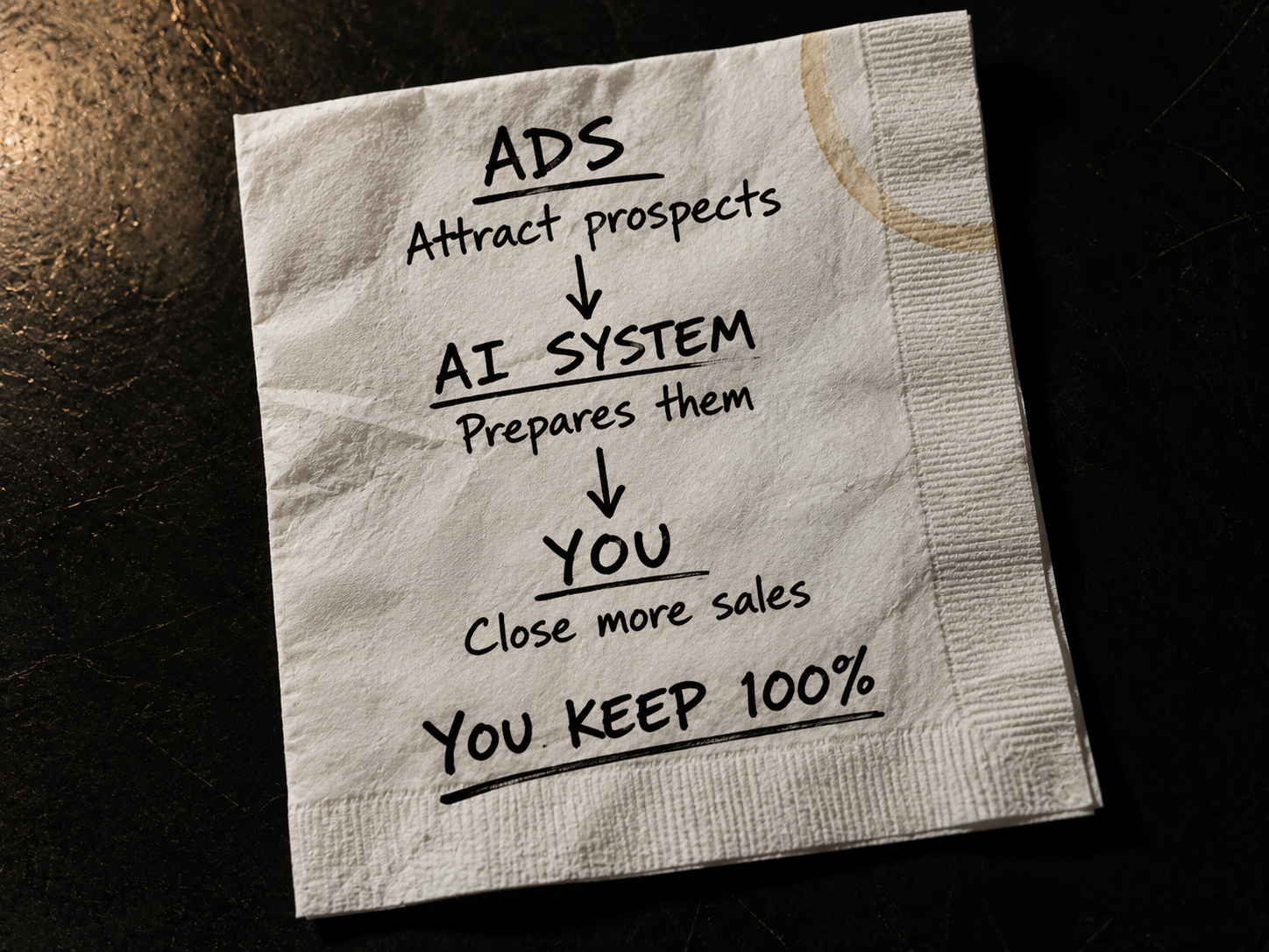 MYTHICMODE napkin: Ads, AI System, You, You Keep 100%