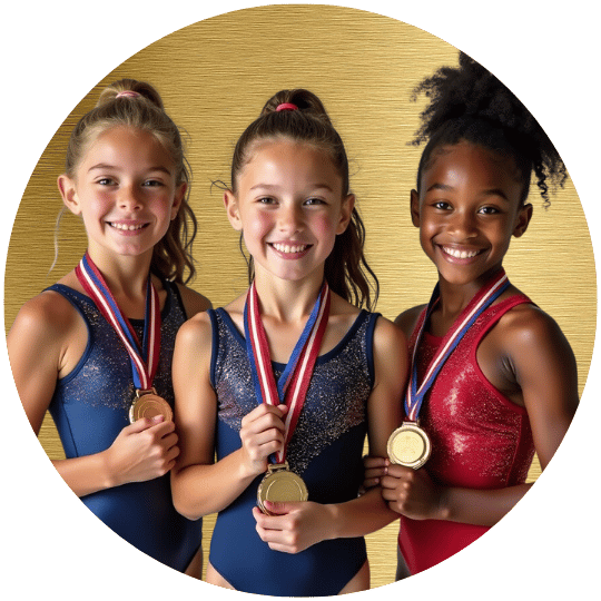 Focused advanced gymnasts perfecting complex techniques