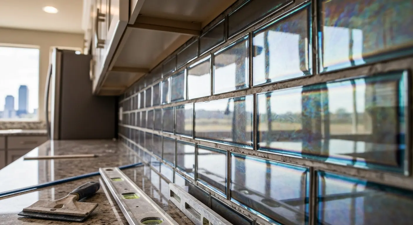Glass tile backsplash installation