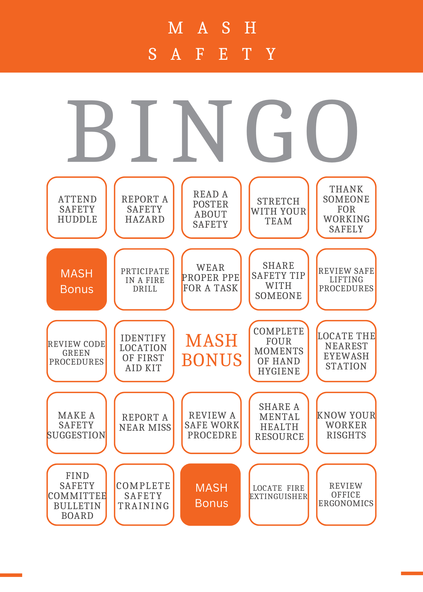 Safety and Health Bingo Card