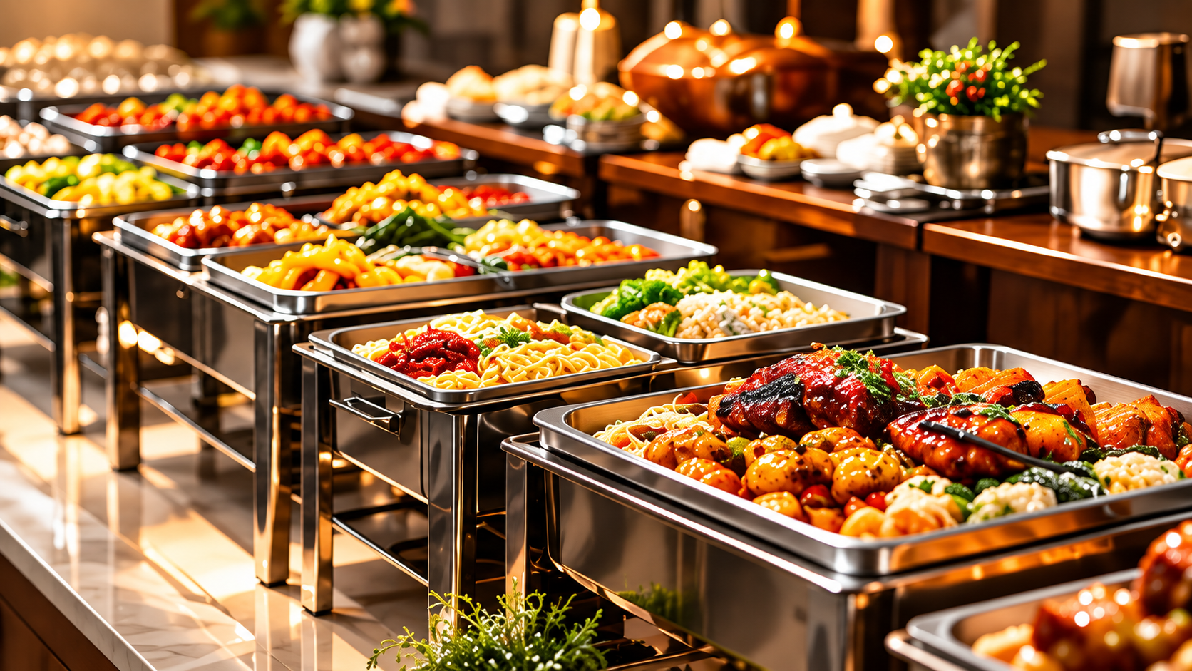 Catering buffet with prepared food trays