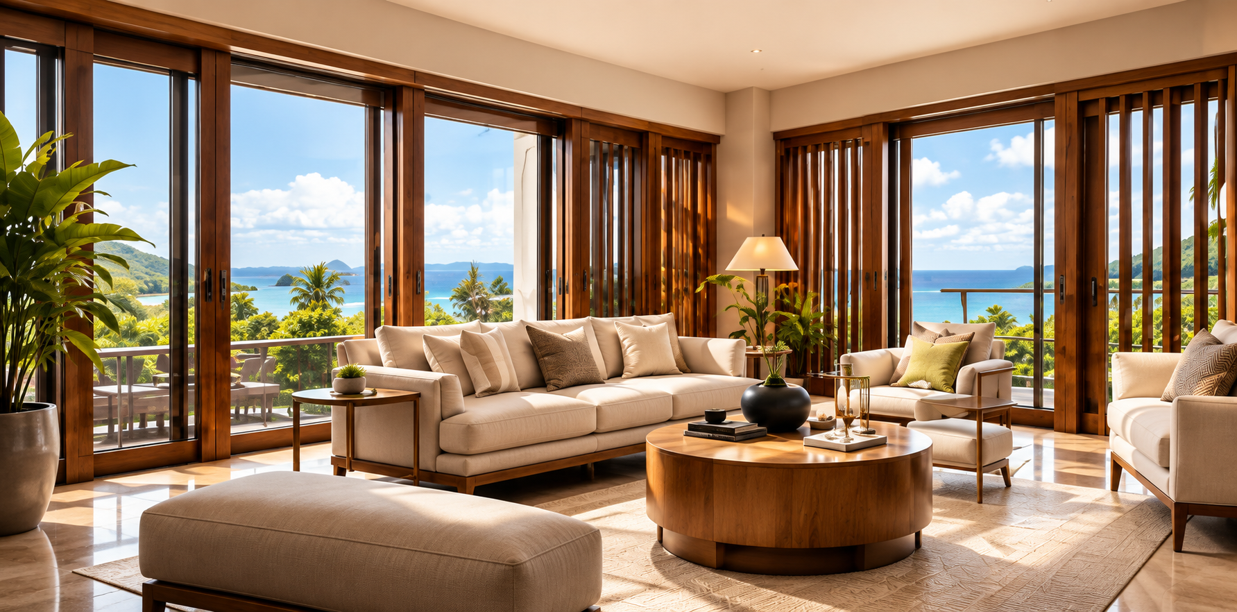 Bright rental living room with an ocean view