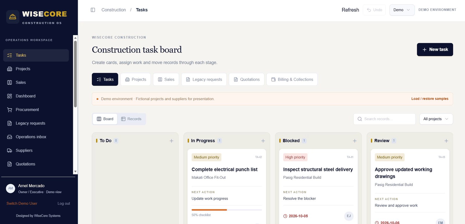 WiseCore Construction OS task board