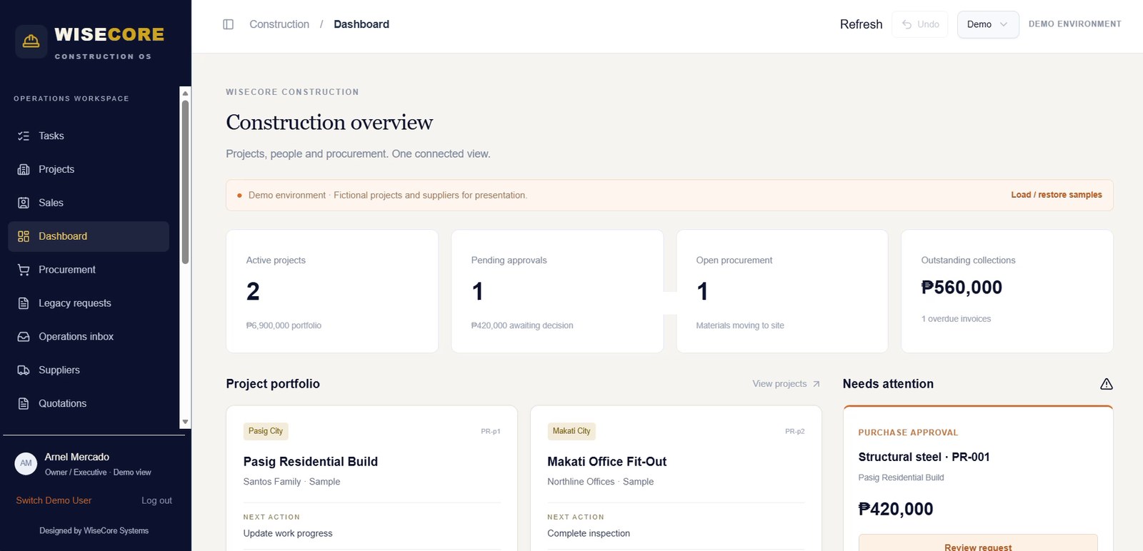 WiseCore Construction OS dashboard showing projects, approvals and collections