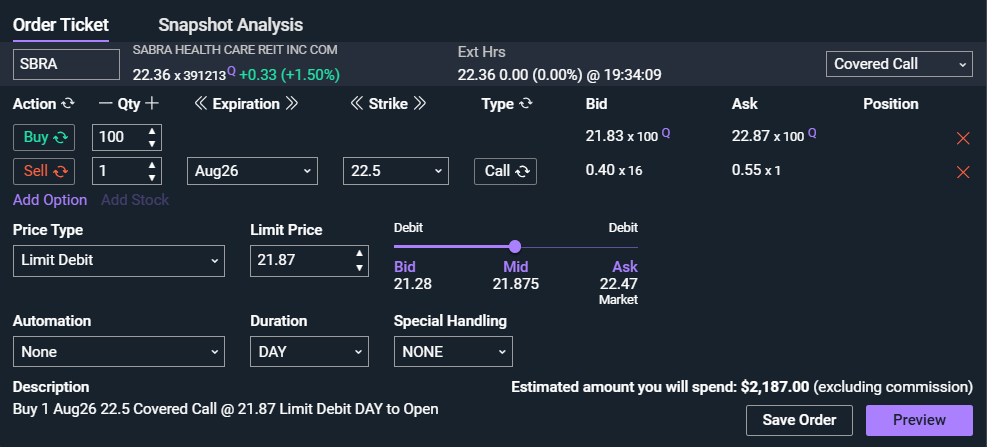 SBRA covered call option order ticket, 100 shares long against a short August 22.50 call