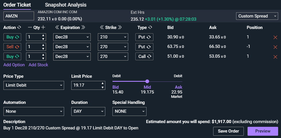 AMZN earnings options trade &mdash; December 2028 210/270 synthetic long stock order ticket in the TOPGUN Options model portfolio