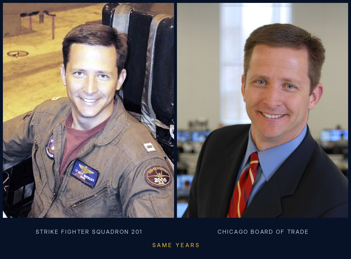 Matthew "Whiz" Buckley in the cockpit with Strike Fighter Squadron 201 and at the Chicago Board of Trade during the same years