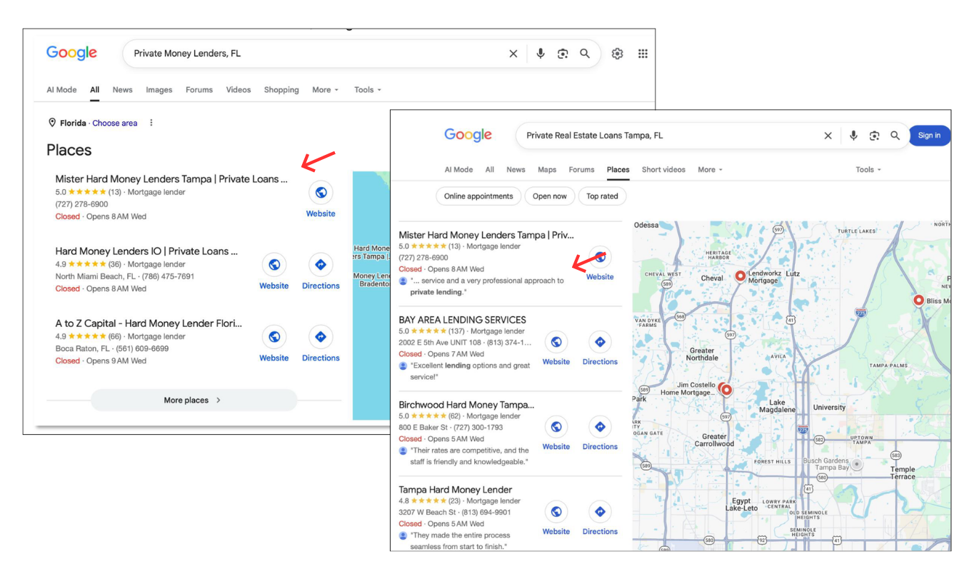 Laptop screen showing Google Business Profile analytics and interaction metrics for a local lender