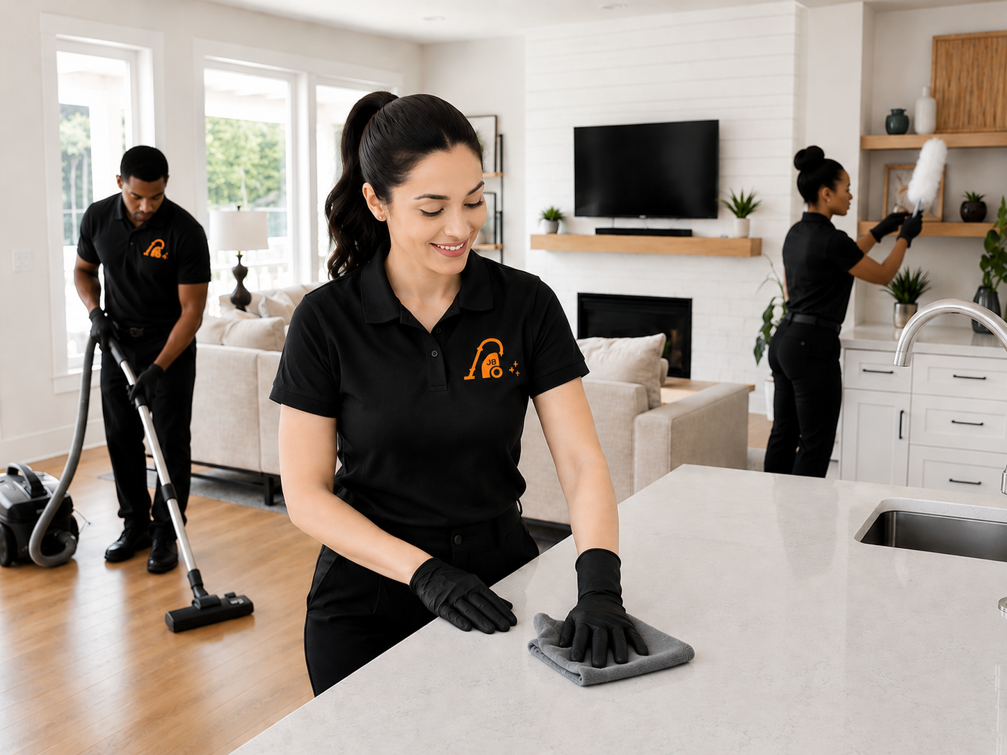 Professional cleaners from Jacqueline's Cleaning Service cleaning a modern home