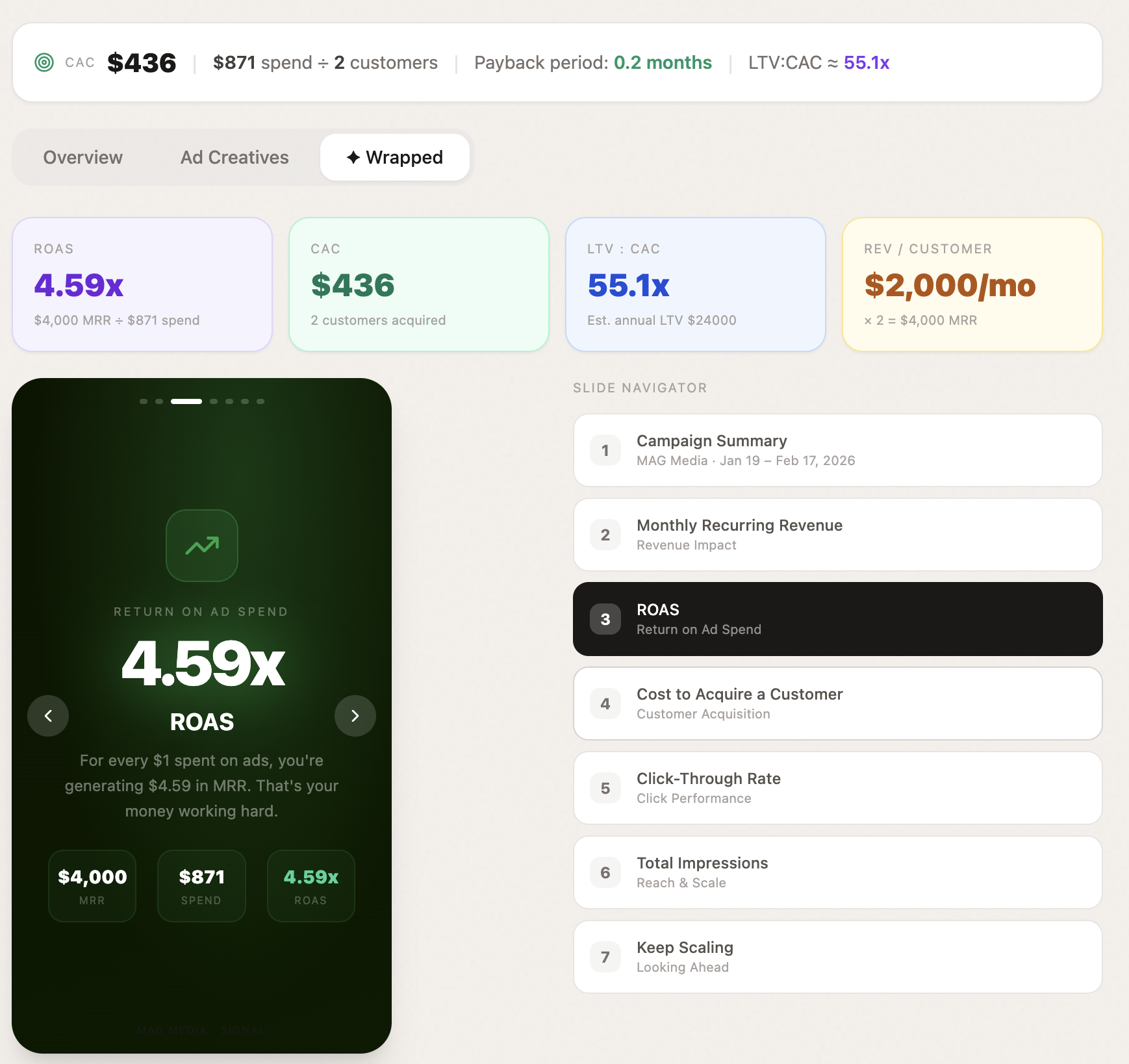 ROAS and CAC dashboard screenshot