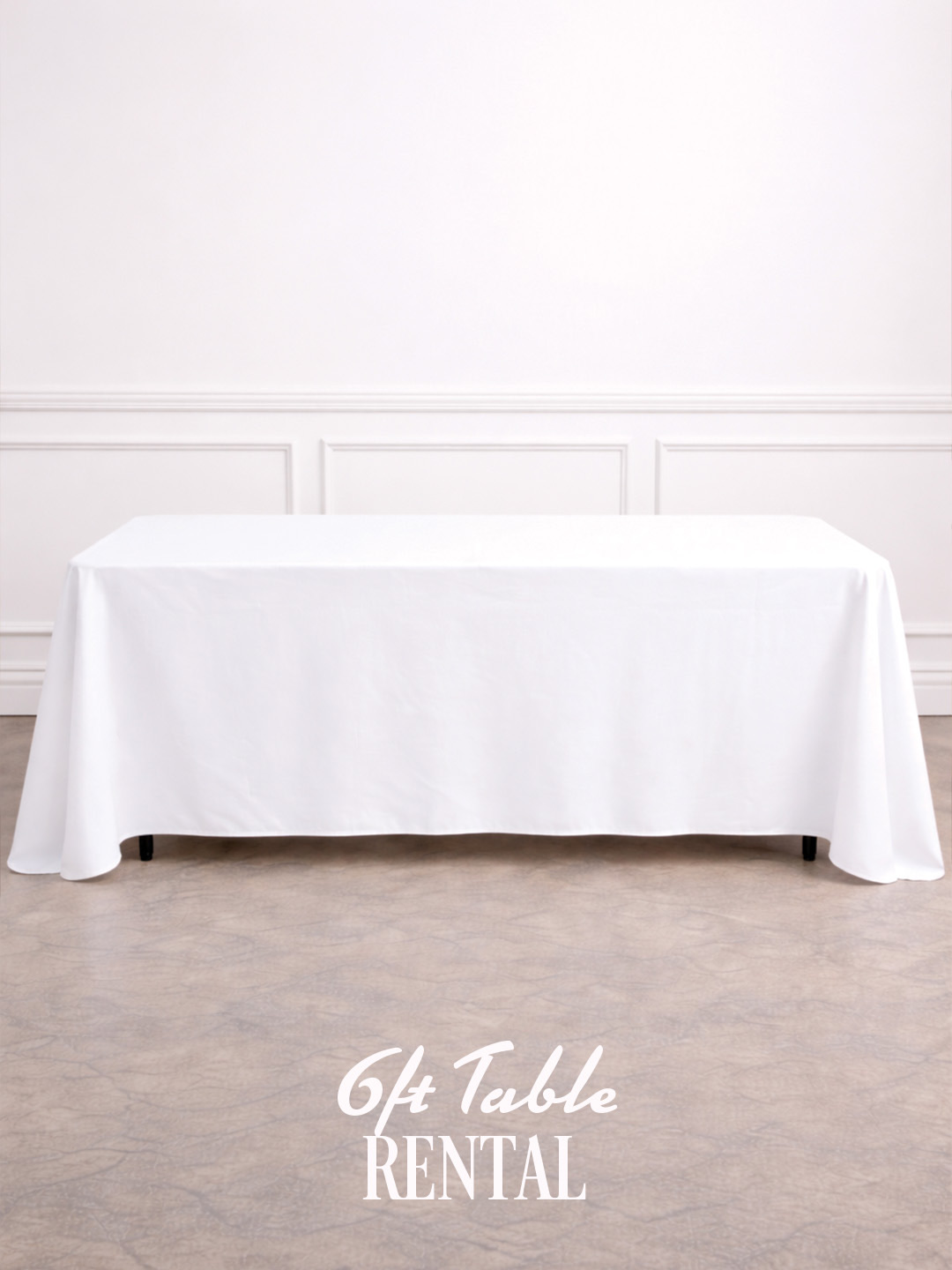 6ft table rental with white linen by Set the Scene event rentals Long Island