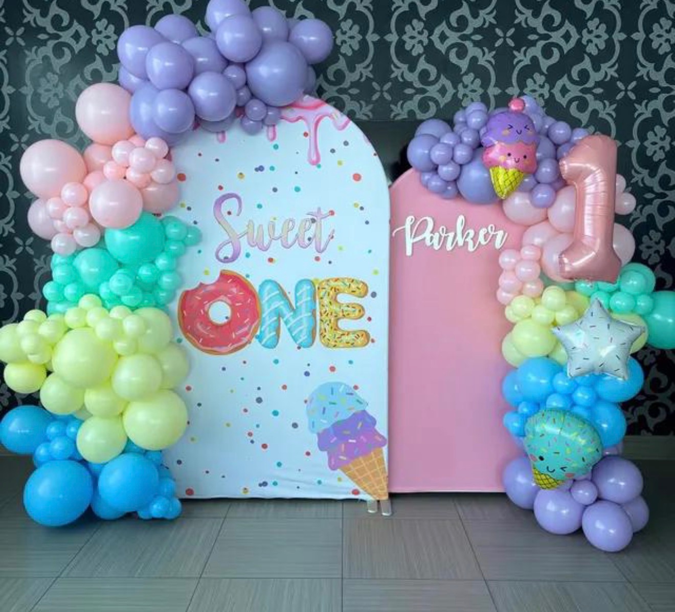 Sweet One birthday backdrop with colorful balloon arch created by Set the Scene, Queens NY