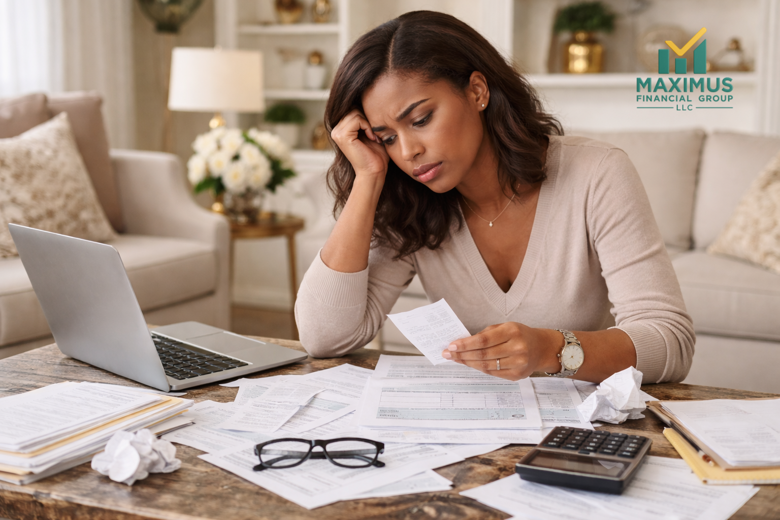 Stressed woman trying to figure out taxes