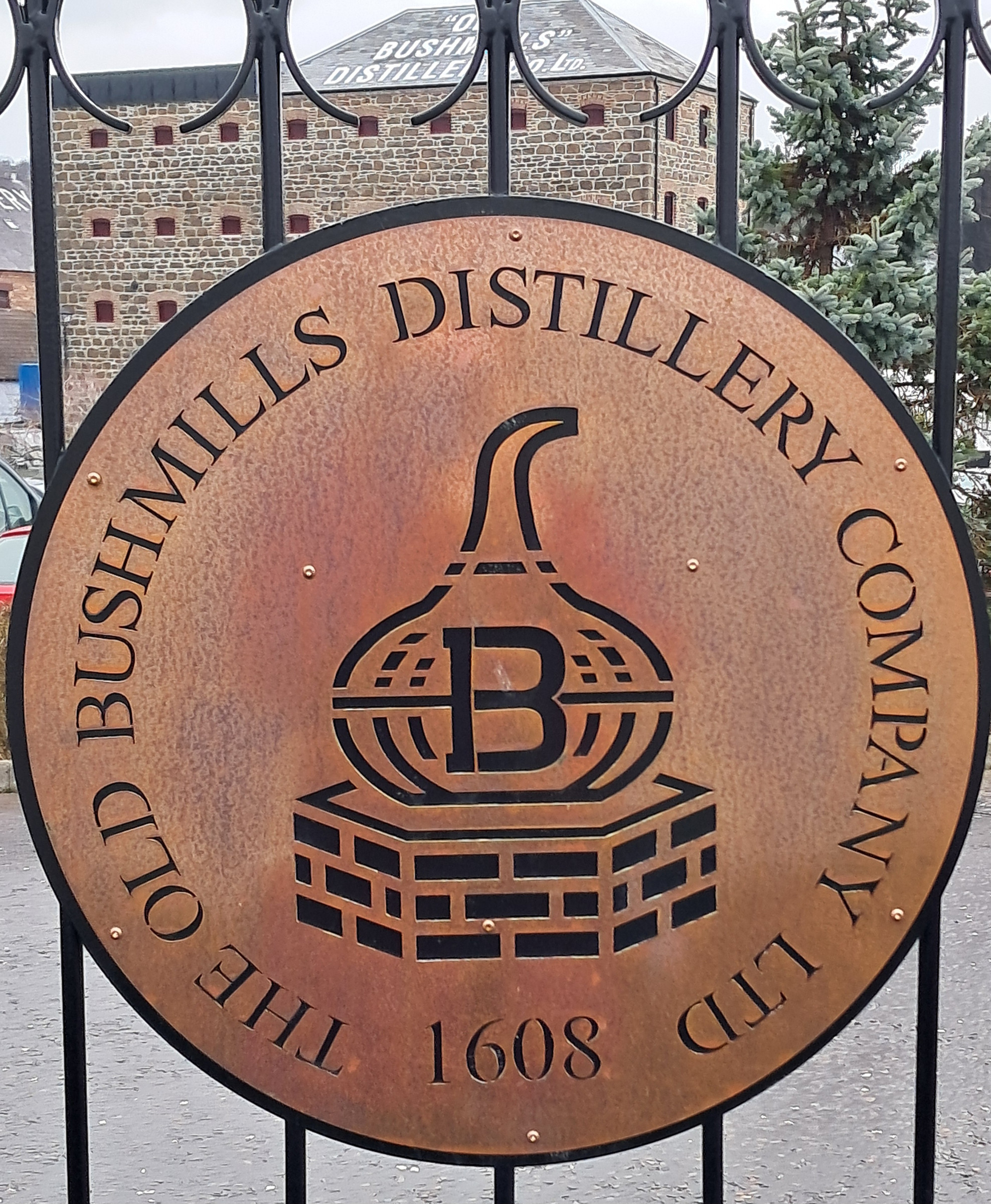 Wooden sign at Bushmills Distillery