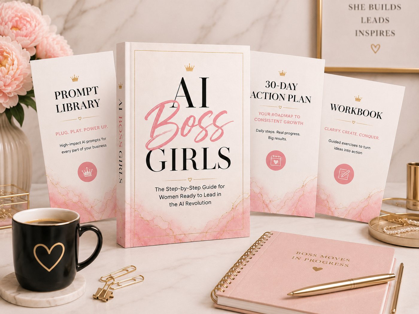 The complete AI Boss Girls bundle: guide, prompt library, 30-day plan, and workbook