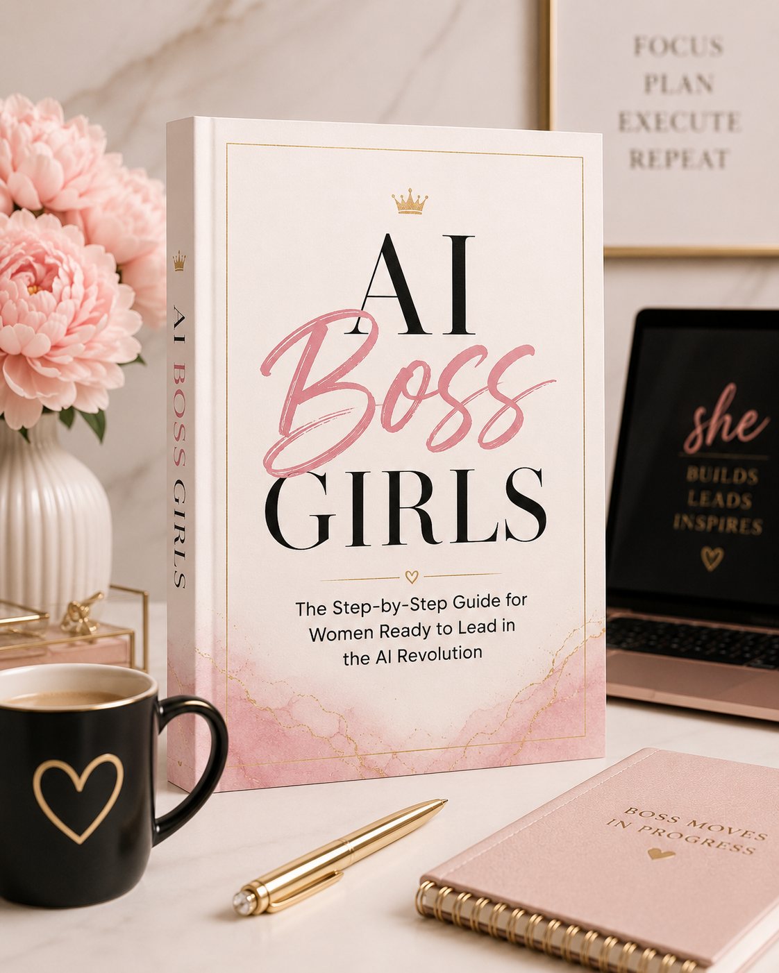 The AI Boss Girls premium guide standing on a styled desk