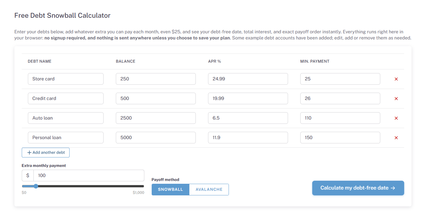 Key Features: Debt Avalanche vs. Debt Snowball comparisons, month-by-month payoff schedules, and debt-free target dates. Key Features: Debt Avalanche vs. Debt Snowball comparisons, month-by-month payoff schedules, and debt-free target dates.