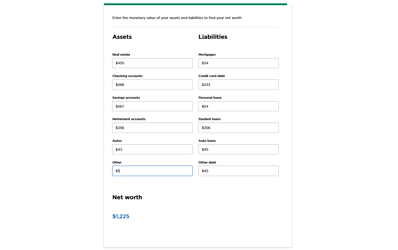 Key Features: Categorized asset and liability inputs, real-time balance totals, and instant net worth generation. Key Features: Categorized asset and liability inputs, real-time balance totals, and instant net worth generation.
