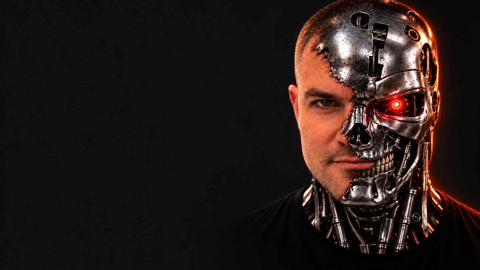 Tim Frey AI bot, a portrait blending Tim Frey with a robotic face