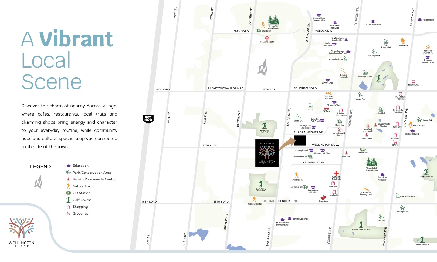 Aurora amenity map showing schools, parks, golf courses, shopping and transit near Wellington Place