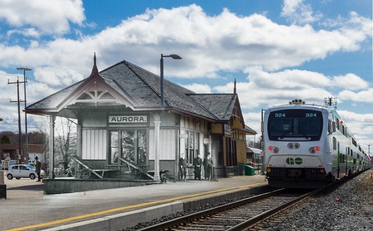 Aurora GO Station platform with train