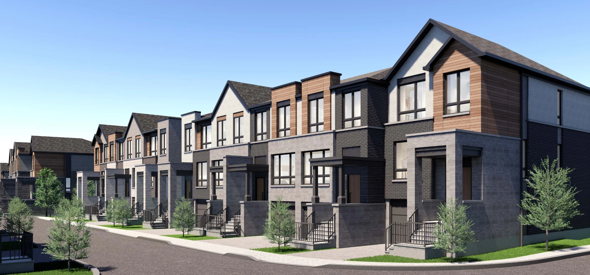 Dark-brick Wellington Place townhome streetscape with mature trees and front gardens