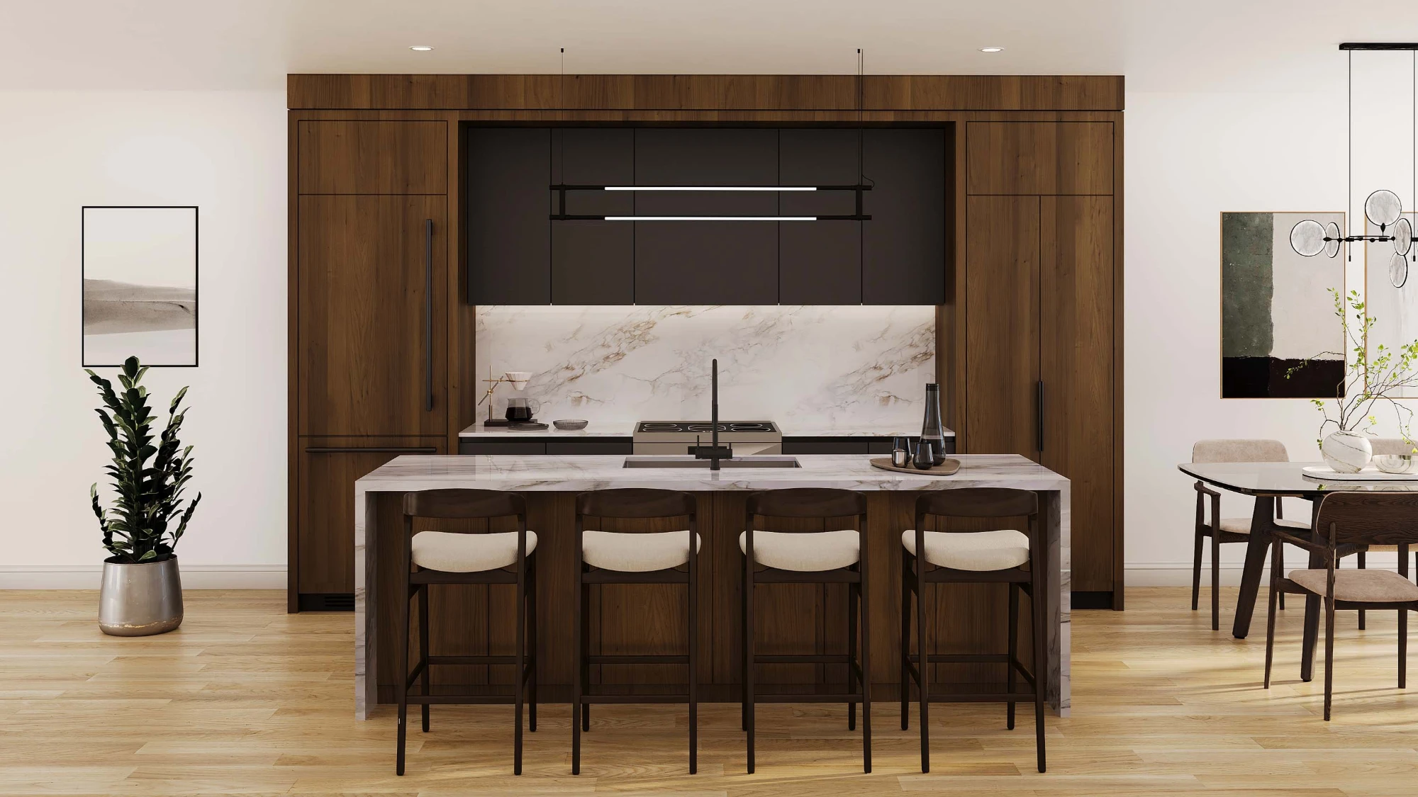 Wellington Place interior kitchen featuring walnut cabinetry, black accents and a marble waterfall island
