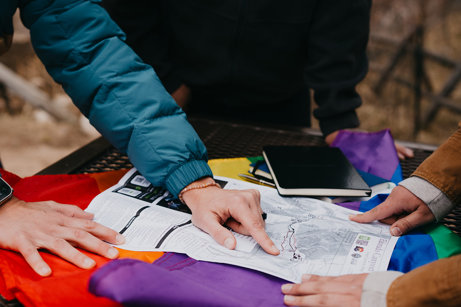 Hands on a trail map, planning the route together