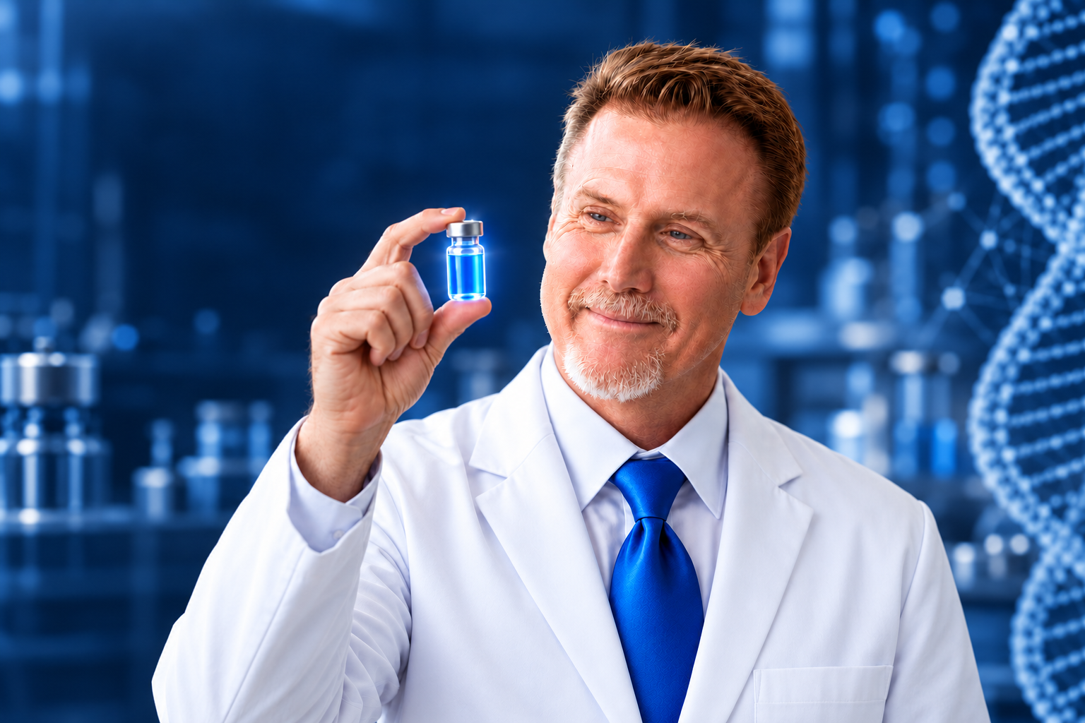 Dr. Ross Carter looking closely at a blue vial