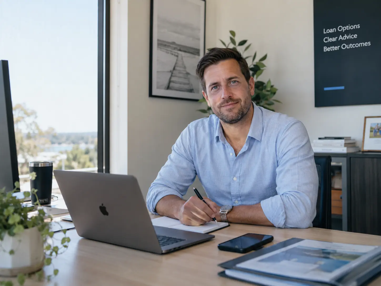 Australian mortgage broker reviewing client follow-up from his office