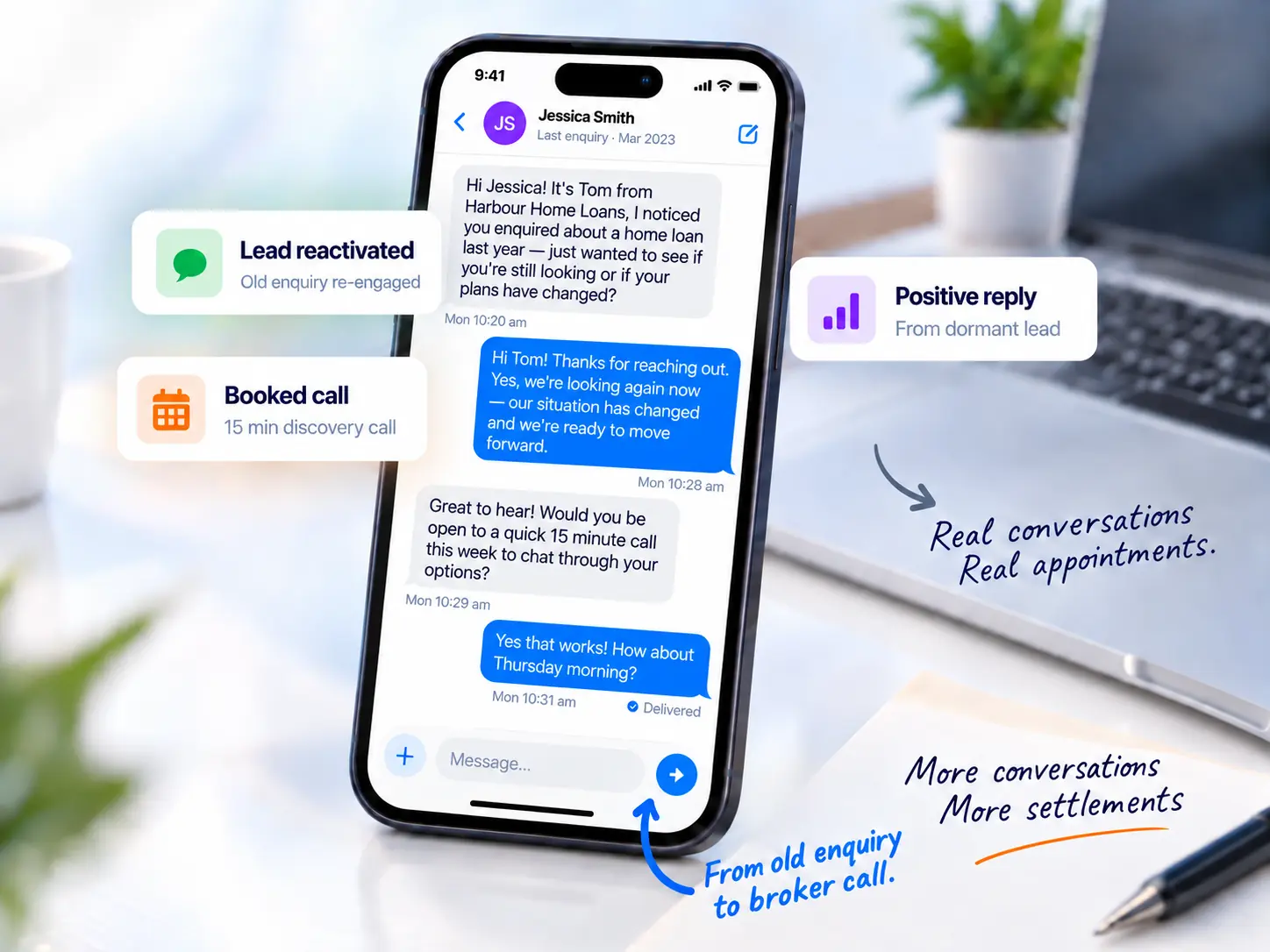 Text conversation reactivating an old mortgage enquiry into a booked broker call
