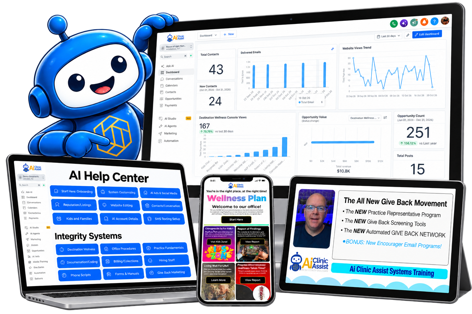 Chiropractic coaching and technology integration, featuring a mobile app interface for patient reviews, wellness plans, and training resources, with visuals of engaged speakers and a crowd at an event.