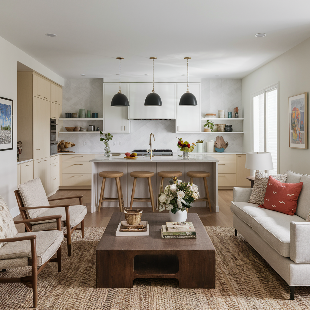 A kept Atlanta living room and kitchen, bright and calm, ready to come home to