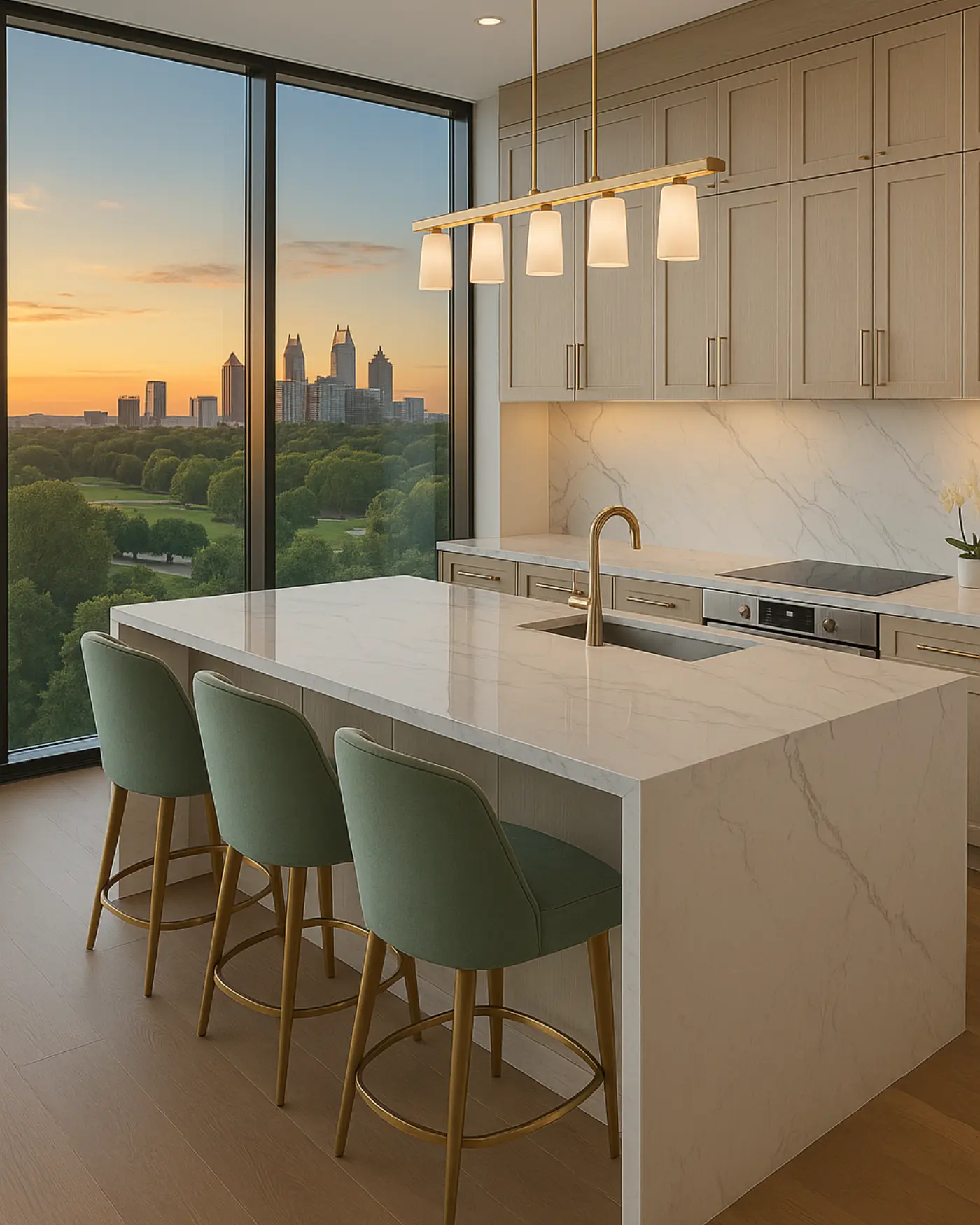 A pristine luxury Buckhead condo kitchen overlooking the Atlanta skyline