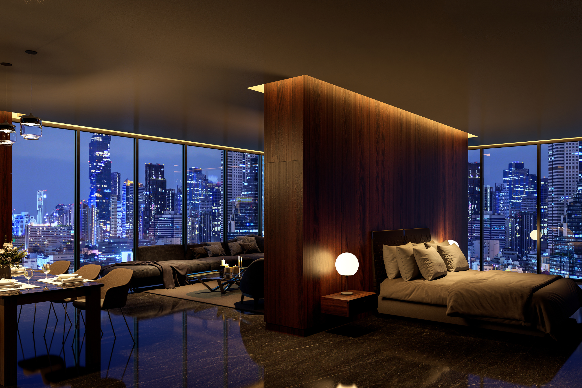 A luxury Buckhead high-rise apartment at dusk, calm and immaculate
