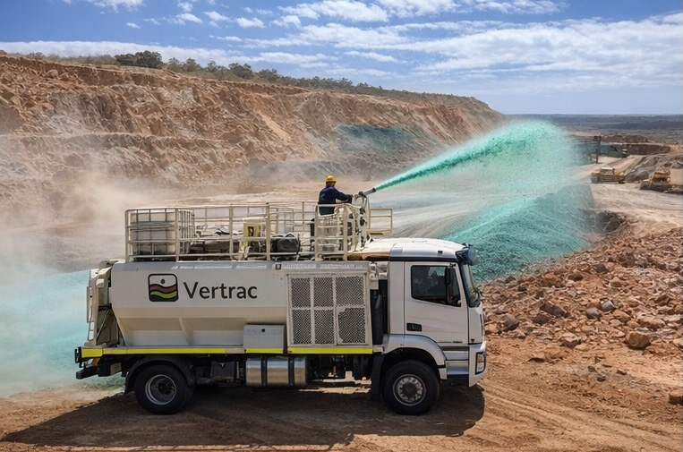 Vertrac truck applying hydromulch to an exposed earth embankment