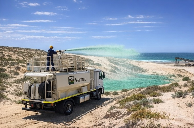 Vertrac truck spraying hydromulch over exposed sandy ground