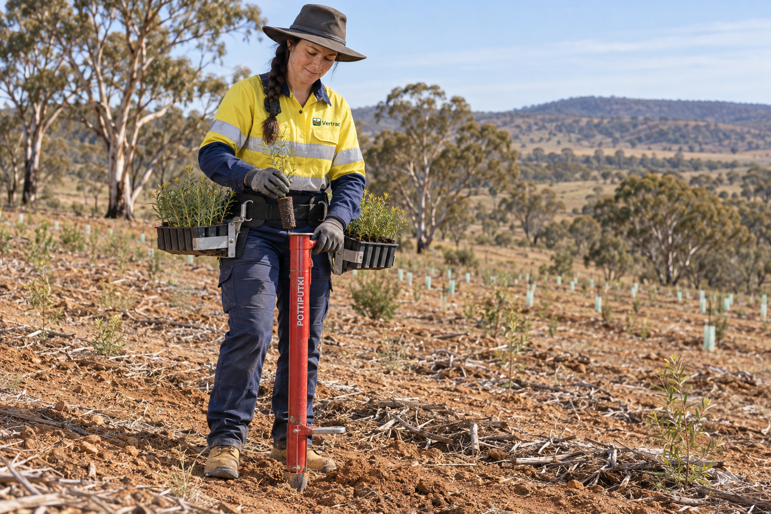 Planter using a planting tube and belt to install tubestock in a revegetation area
